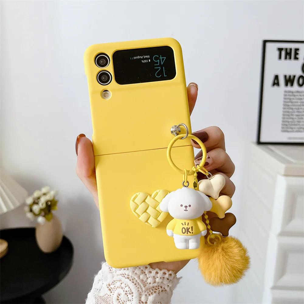 For Samsung Galaxy Z Flip 7 FE Cartoon Bear Love Heart Case For Samsung Z Flip 7 6 5 4 ZFlip 7 Hairball 3D Cartoon Pendant Cover