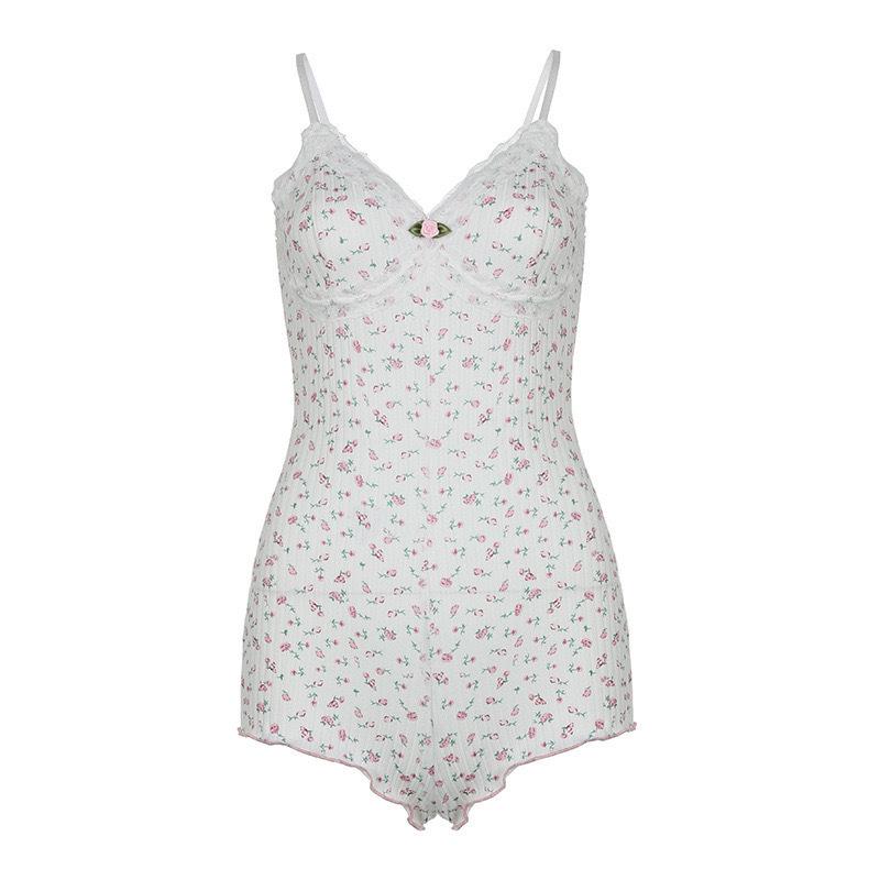 Pure Desire V-Neck Floral Slimming Camisole Jumpsuit for Women - French Home Wear