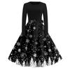 Christmas Print Flare Dress For Women Long Sleeve Dress Hollow Party Casual Dresses