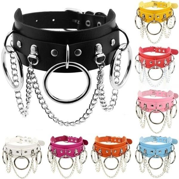 Women'S Fashion Punk Street Snap Nightclub Pu Leather Choker Metal Ring Chain Necklace Collar Rivets Goth Belt Adjustable Buckle Neck Accessories