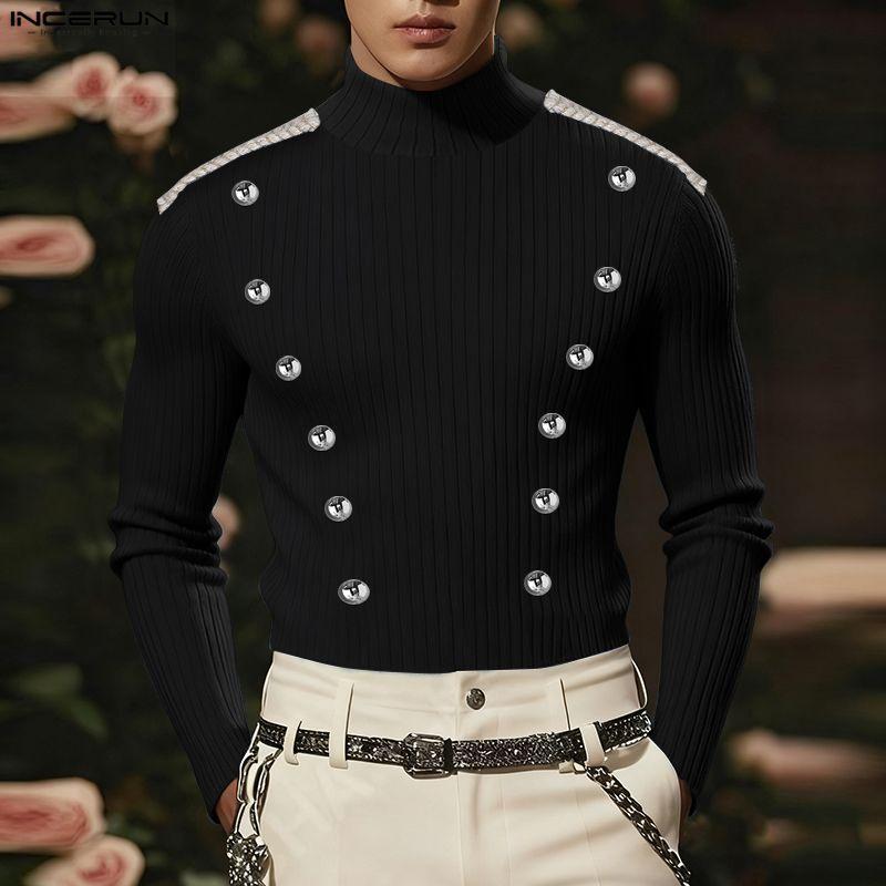 INCERUN Spring Men's High Neck Long Sleeve Buttons Decorative Fitted T-shirts Tops Undershirts