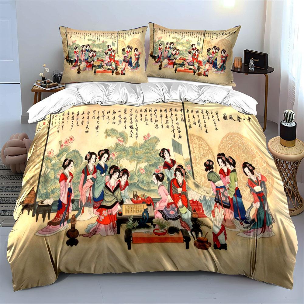 Chinese Traditional Twelve Beauties Bedding Set 3pcs,Vintage Watercolor Lady Art Duvet Cover,Elegant Cultural Bedding for Hoom