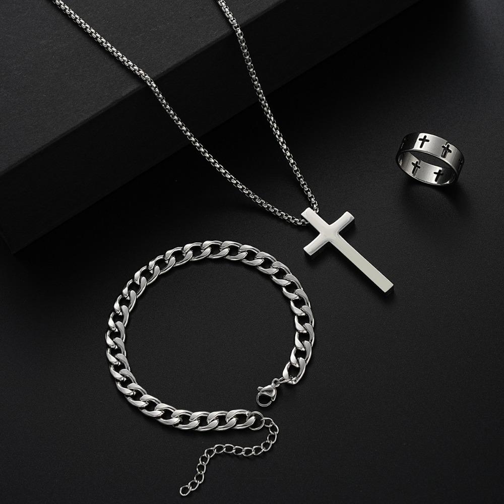 3pcs Set Punk Style Dark Stainless Steel Cross Necklace Bracelet Rings Set for Men Personality Hip Hop Rock Jewelry Set Gift