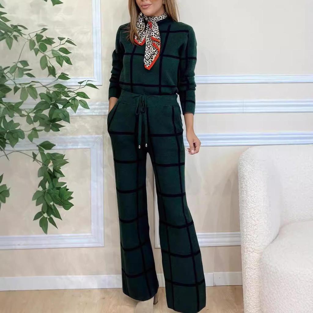 2024 Fall/Winter Women's Solid Color Plaid High Neck Long Sleeve Top & Long Pants Set