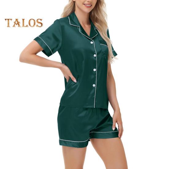 2-teiliges Pyjama-Set, Satin, einreihiges Cardigan-Hemd, V-Ausschnitt, Reverskragen, einfarbiges Hemd mit Brusttasche, lockere Shorts, Nachthemd, Nachtwäsche