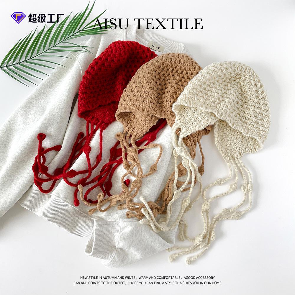 Sweet hollow knitted bag head hat autumn and winter travel photo single product fringed strap red knitted wool hat women