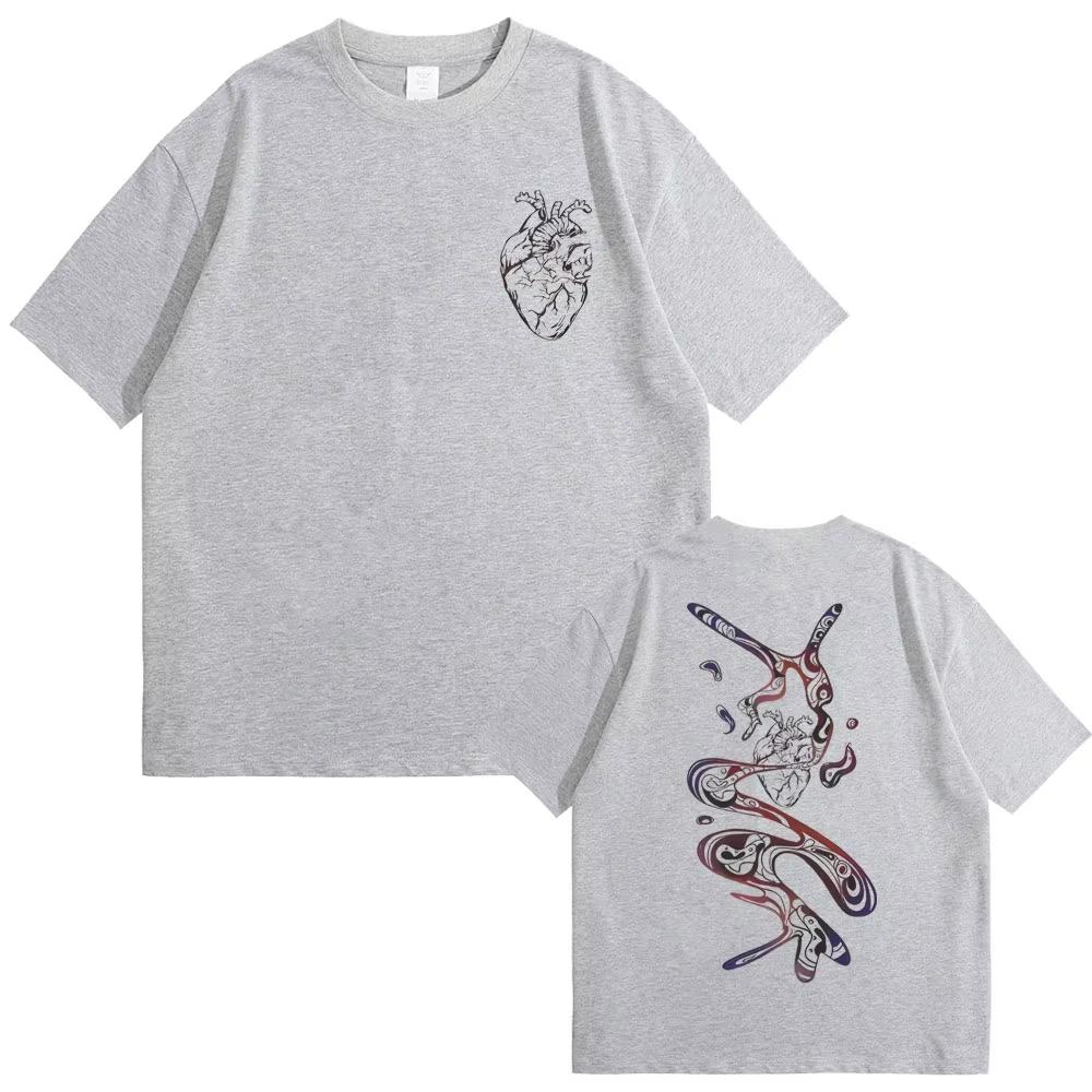 2026 Summer Anatomical Heart Fluid Line Art Double Sided Graphic White Tshirt Unisex Oversized Clean Fit Streetwear Cotton Tee