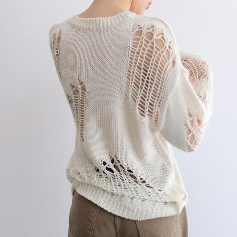 WTEMPO Spring Summer Long-sleeve Hollow-out Breathable Sweaters Solid Color Loose Thin Knitted Pullovers Jumpers Tops