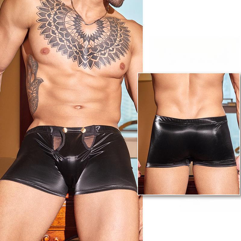 Slip da uomo aderenti in pelle PU con bottoni aperti, tasca, biancheria intima per night club, palco, corti, alta elasticità, U convessa, lingerie, mutande