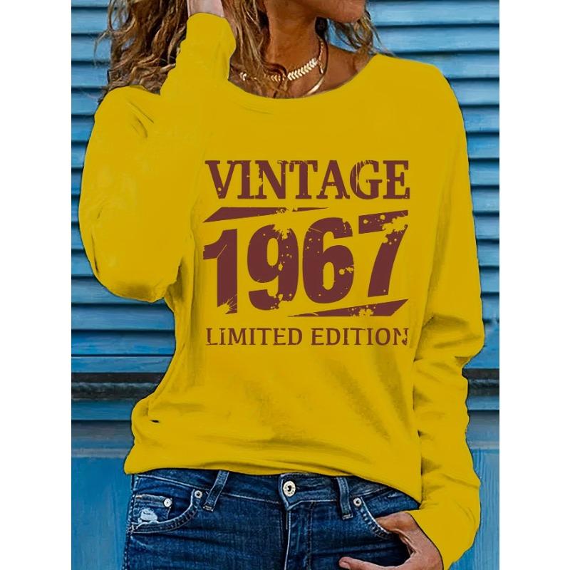 Women's Spring and Autumn Fashion Casual VINTAGE 1967 Letter Printed Round Neck Long Sleeve T-shirt Top