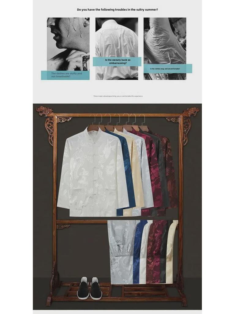 Ice Silk Tang Suit Long-Sleeved Shirt: Men's Chinese-Style Spring/Autumn Dress for Middle-Aged and Elderly
