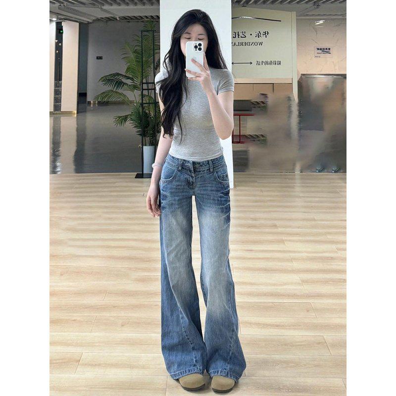 

Women s Plus Size Retro American Micro Flare Jeans - Spring Straight Wide-Leg Floor-Length Pants 4XL синий