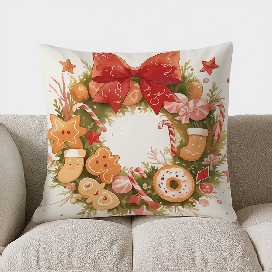 Home Decor Christmas Wreath Cushion With Sweet Treats Pattern Cushion Cover Suitable For Sofa Bedroom Car Pillow Cover
