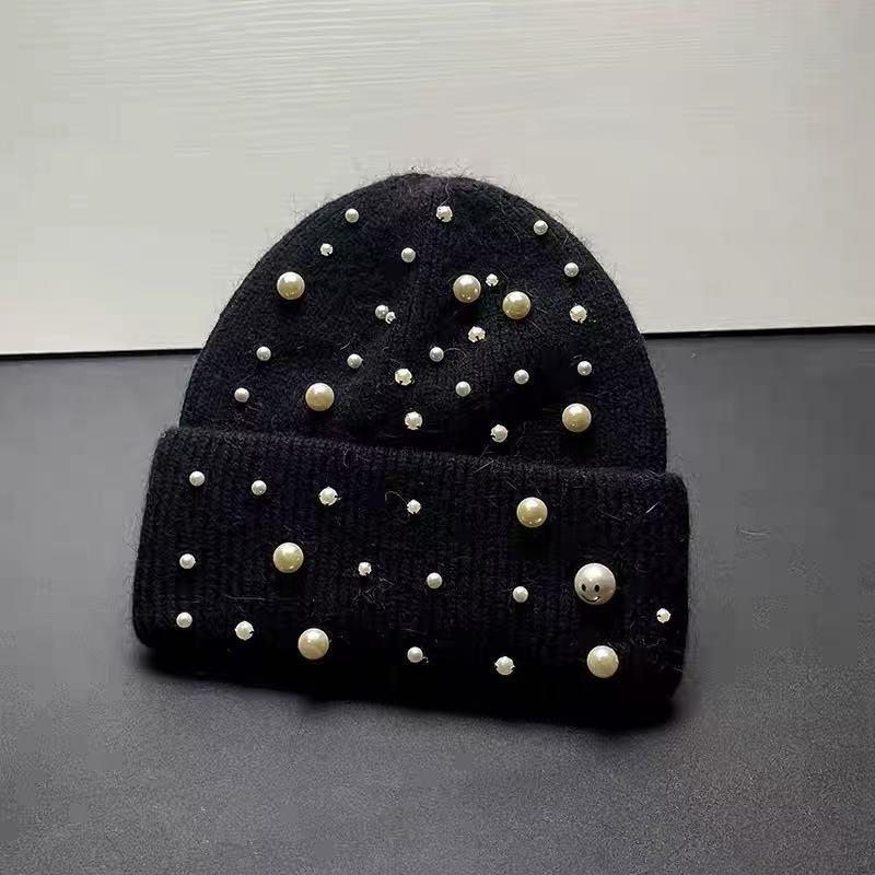 New Autumn And Winter Heavy-Duty Pearl Wool Hat Pearl Fashion Knitted Hat Warm Ear Protection