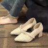 Pointed single shoes women's thick heel spring 2025 new pearl versatile shallow mouth gentle fairy wind side empty high heels