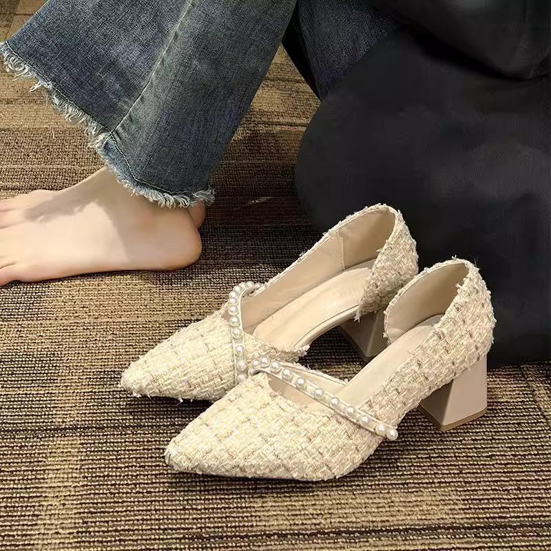 Pointed single shoes women's thick heel spring 2025 new pearl versatile shallow mouth gentle fairy wind side empty high heels