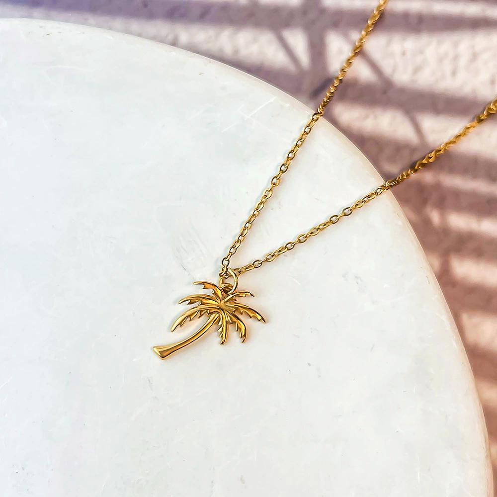 Hawaiian Coconut Tree Pendant: Stainless Steel Gold Clavicle Necklace for Women