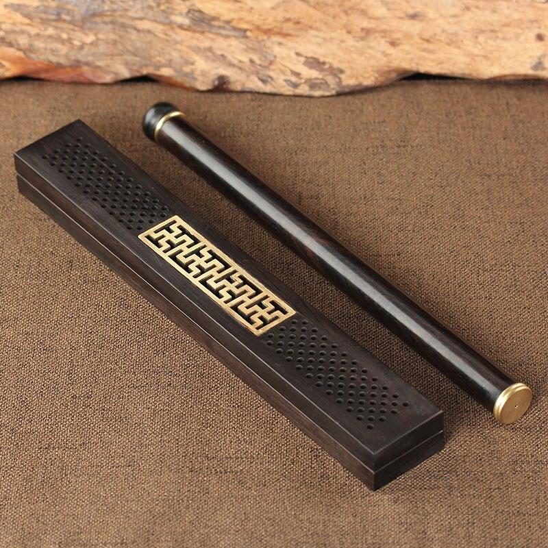 Quemador de incienso de madera negra de ébano hecho a mano, soporte de varilla de incienso hueco, juego de incensario con decoración del hogar de cobre puro