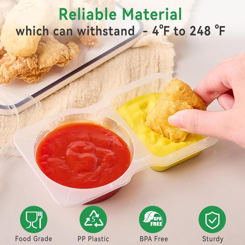 20-Pack Double Compartment Snack Containers for Dips, Sauces & Toppings, Plastic Containers with Lids