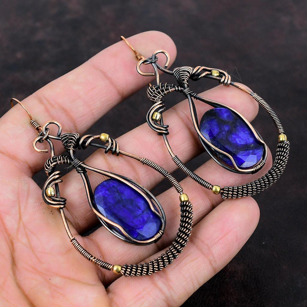 Faceted Blue Sapphire Earring Copper Wire Wrapped Earring Gemstone Handmade Earrings Copper Wire Jewelry Brand New Earring Anniversary Gift