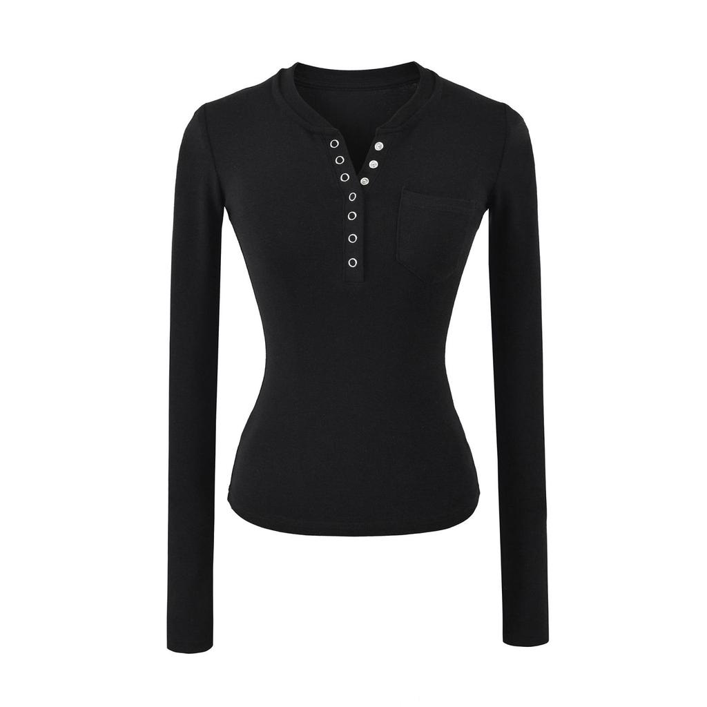 Women's Spicy American Button-Down Stand-Up Collar Faux Cashmere Slim Fit Base Layer Long Sleeve Top for Fall/Winter