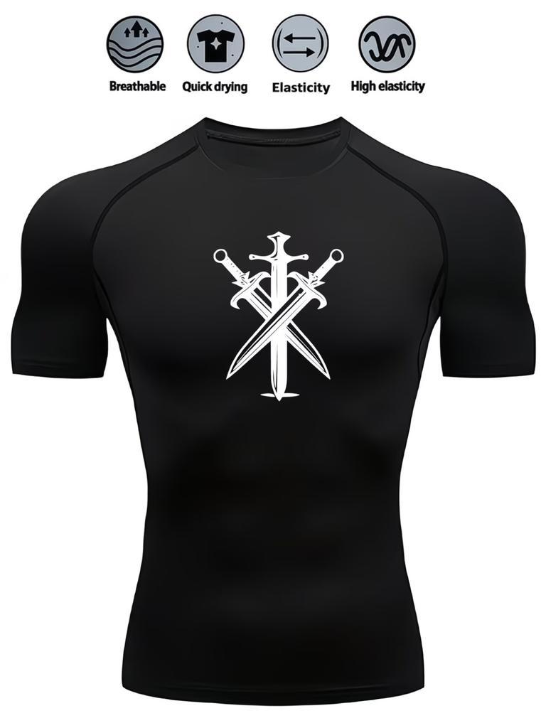 Men's Compression Shirt Quick Dry Navy Blue Gym T-Shirt Three Crossed Swords Print Workout Sportswear