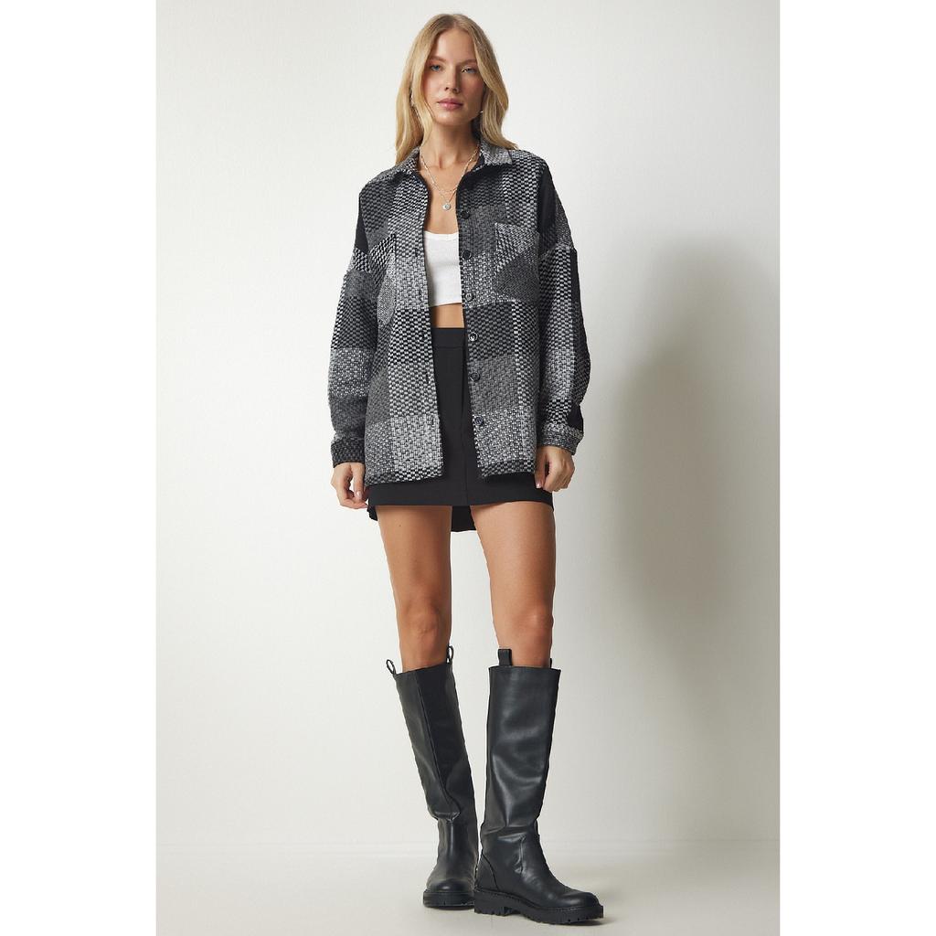 Dámská béžová krémová vzorovaná nadměrná kašmírová košile dřevorubce Tu00034