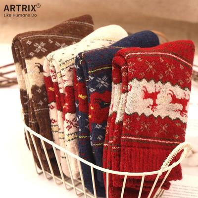 Women's Forest Style Thick Wool Socks with Gold Thread and Deer Design - Warm Jacquard Winter Socks