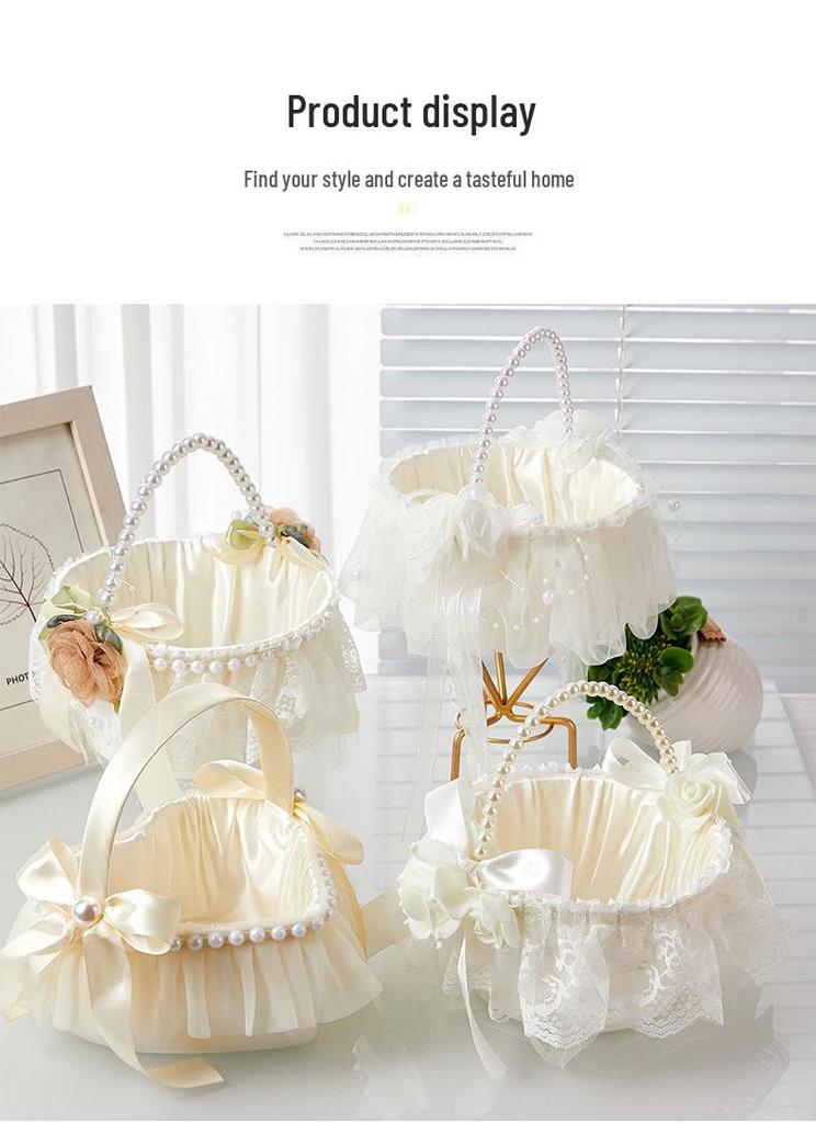 Linen Pearl Flower Basket for Outdoor Wedding - Bridal Handbag or Flower Girl Accessory