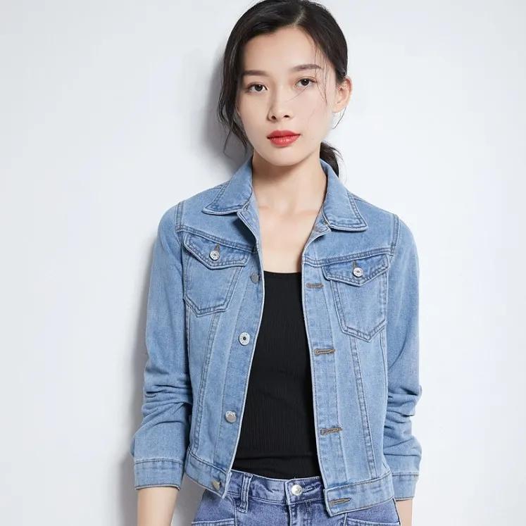 Frauen Revers Solide Casual Denim Tasten Blazer Jeans Jacke Strickjacke
