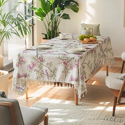 1pcs Nordic Wind Style Tassel Flower and Bird Printed Tablecloth Imitation Linen Fabric Home Living Room Decoration Rectangular Dust Cover Cloths