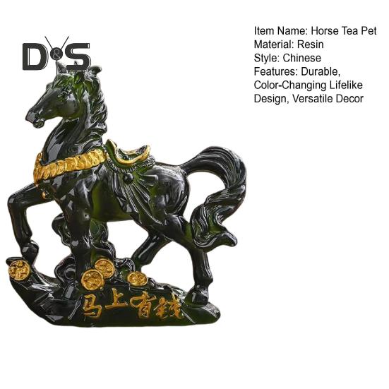 Escultura de resina para mascota de té con forma de caballo que cambia de color, adorno de caballo con base de símbolo de dinero de alta temperatura, decoración del hogar para la ceremonia del té, exhibición de riqueza