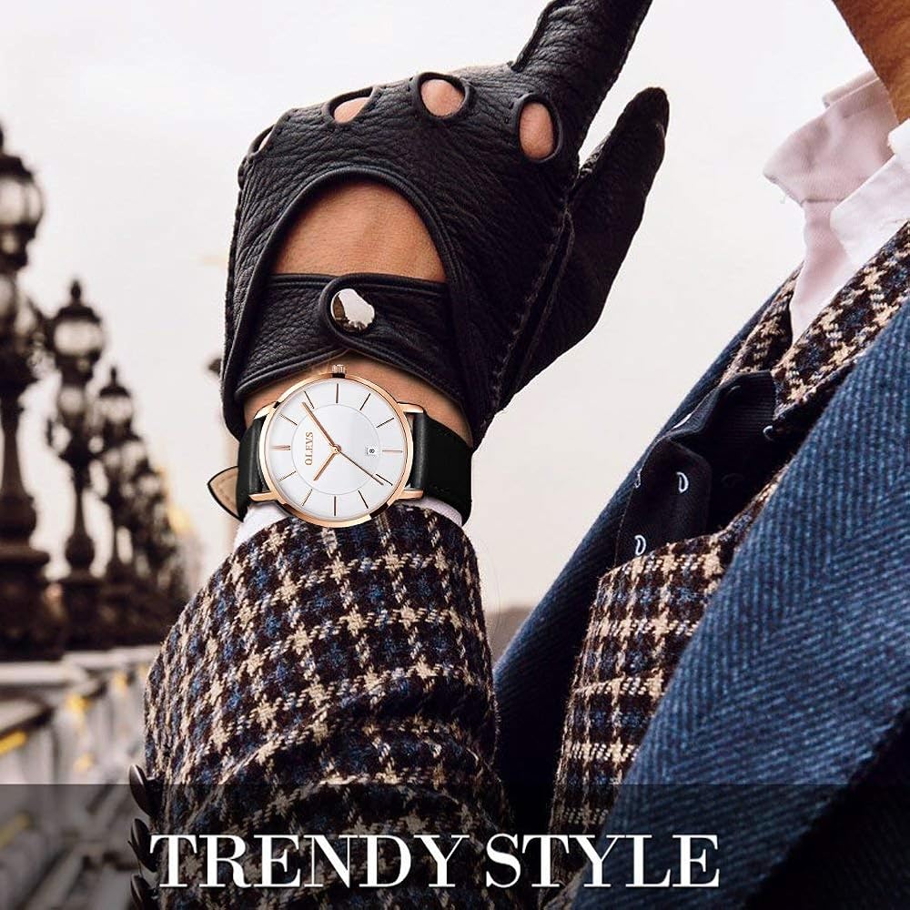 OLEVS Men's Minimalist Slim Fashion Analog Quartz Watch with Date Waterproof Large Dial Retro Leather Band 2XL