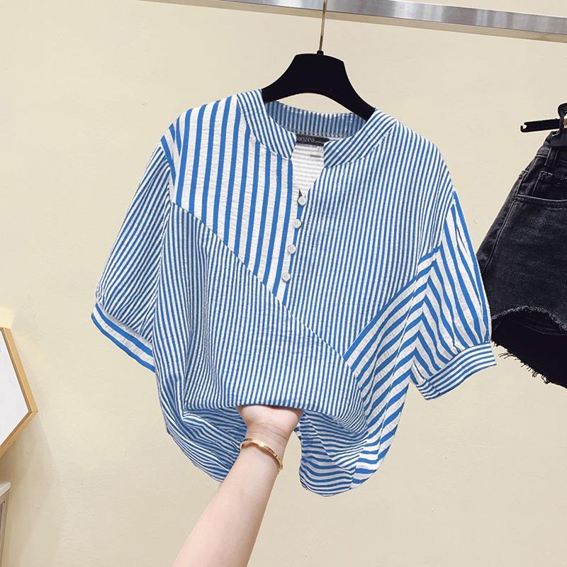 

ZANZEA Женская повседневная блузка с V-образным вырезом, летняя, с полосками, рукав три четверти 5XL синий