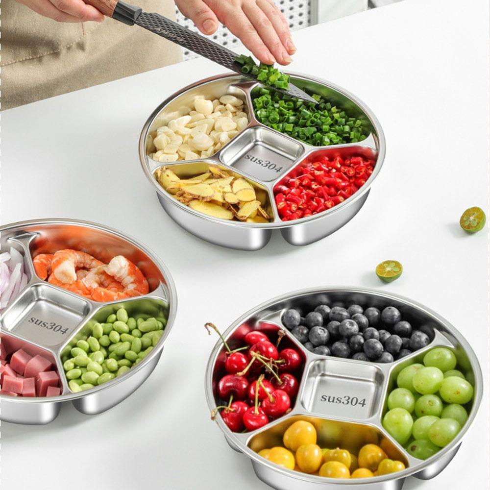 Stainless Steel Kitchen Food Preparation Tray Fall-resistant with Four Compartments 5 Grid Side Dishes Tray Round Dinner Plate