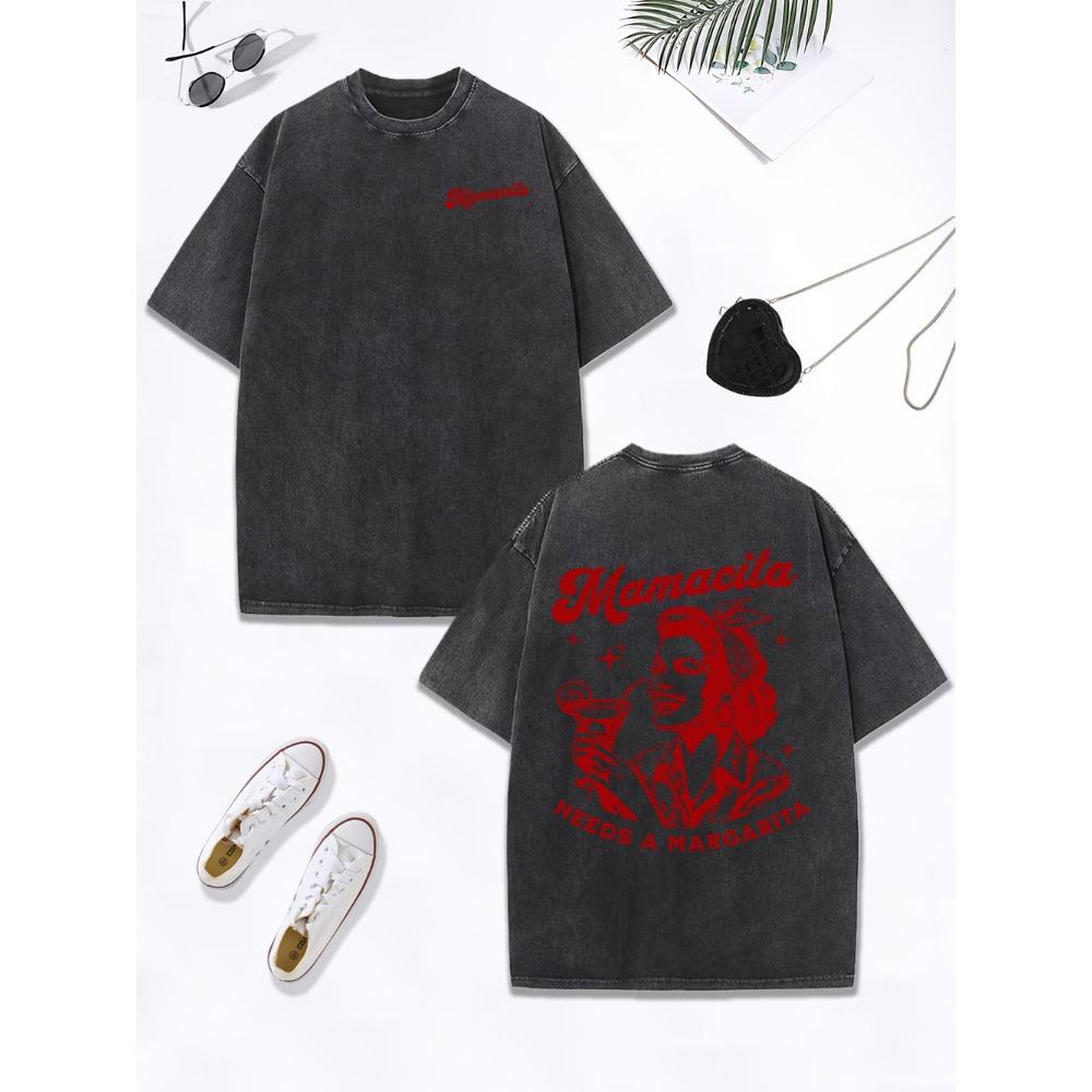 

Mamacita Needs A Margarita Lemon Prints Washed T-Shirts Womens Cotton Oversized T Shirt O-Neck Distressed Tops Clothes S