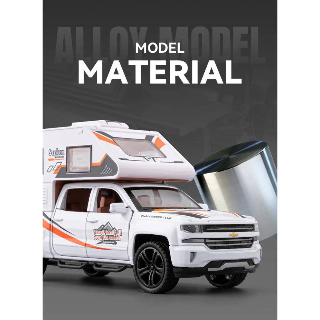 1/32 Silverado Pickup RV Recreational Car Model Diecast Camper Van Motorhome Touring Vehicles Car Model Sound Light Kid Toy Gift