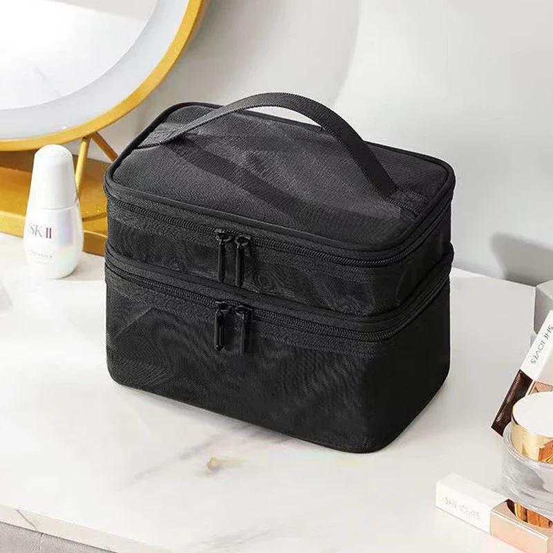 Large Capacity Mesh Cloth Makeup Bag Travel Essentials Cosmetics Organizer Women Toiletry Bag Double Layer Design Cosmetic Bag