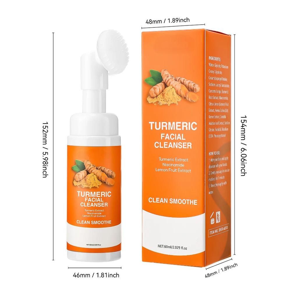 Turmeric Cleanser Moisturize Facial Brightening Skin Tone Daily Face Wash Foam with Brush Skin Care Clean Lemon Fruit Extract