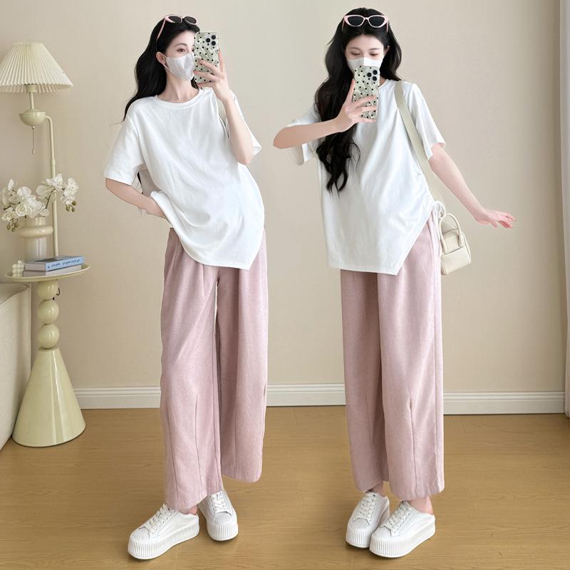 2026 Trendy Plus Size Maternity Wear: Short Sleeve Drawstring T-shirt for Spring/Summer. M