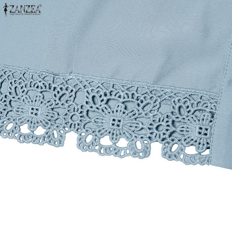 ZANZEA Women Casual Turn Down Collar Loose Lace Crochet Splice Long Sleeve Blouse