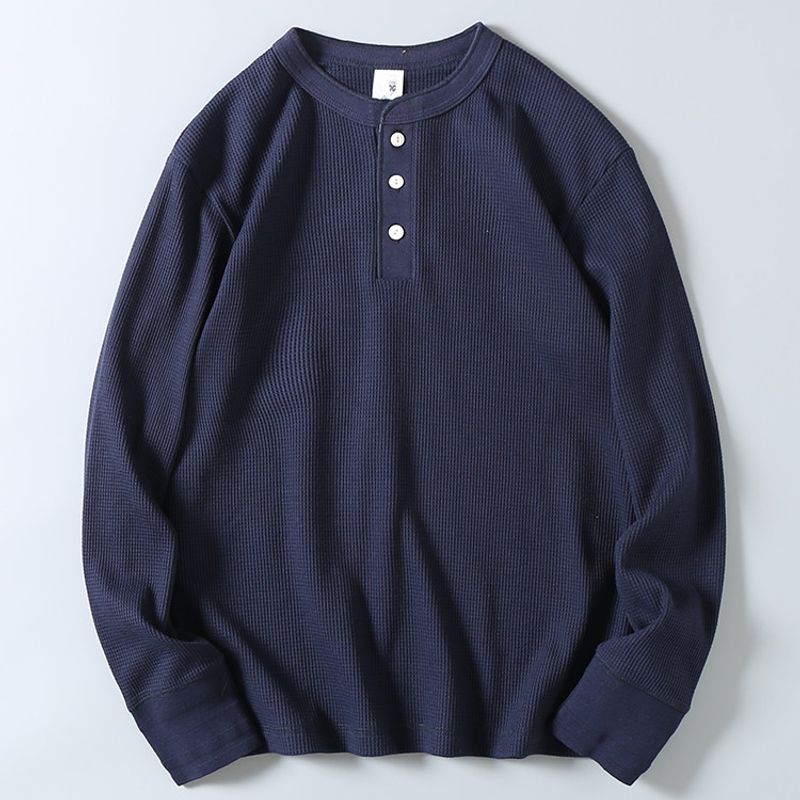260G Heavy Weight Double-Sided Waffle Henry Collar Long Sleeves T-shirt Men's Fall and Winter Vintage Casual All-Matching Solid Color Bottoming Shirt