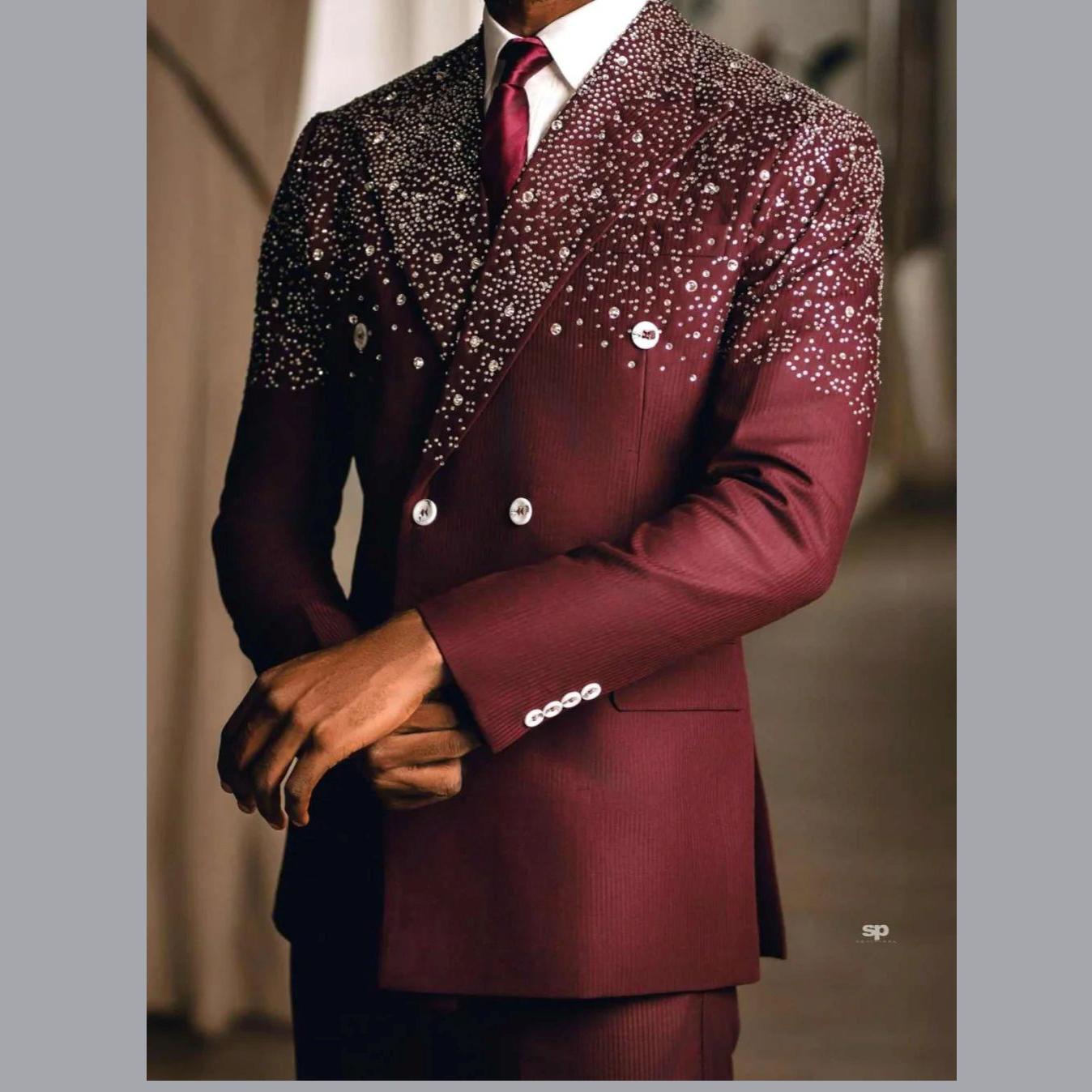 

Красивые свадебные смокинги Двубортный костюм для мужчин с бисером Лацкан пик 2 предмета Куртка Брюки Жених Деловые блейзеры L кармин