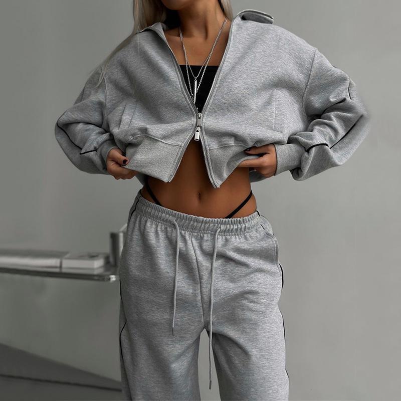 European & American Casual Zipper Cardigan Jacket & Sporty Drawstring Long Pants Women’s Two-piece Set