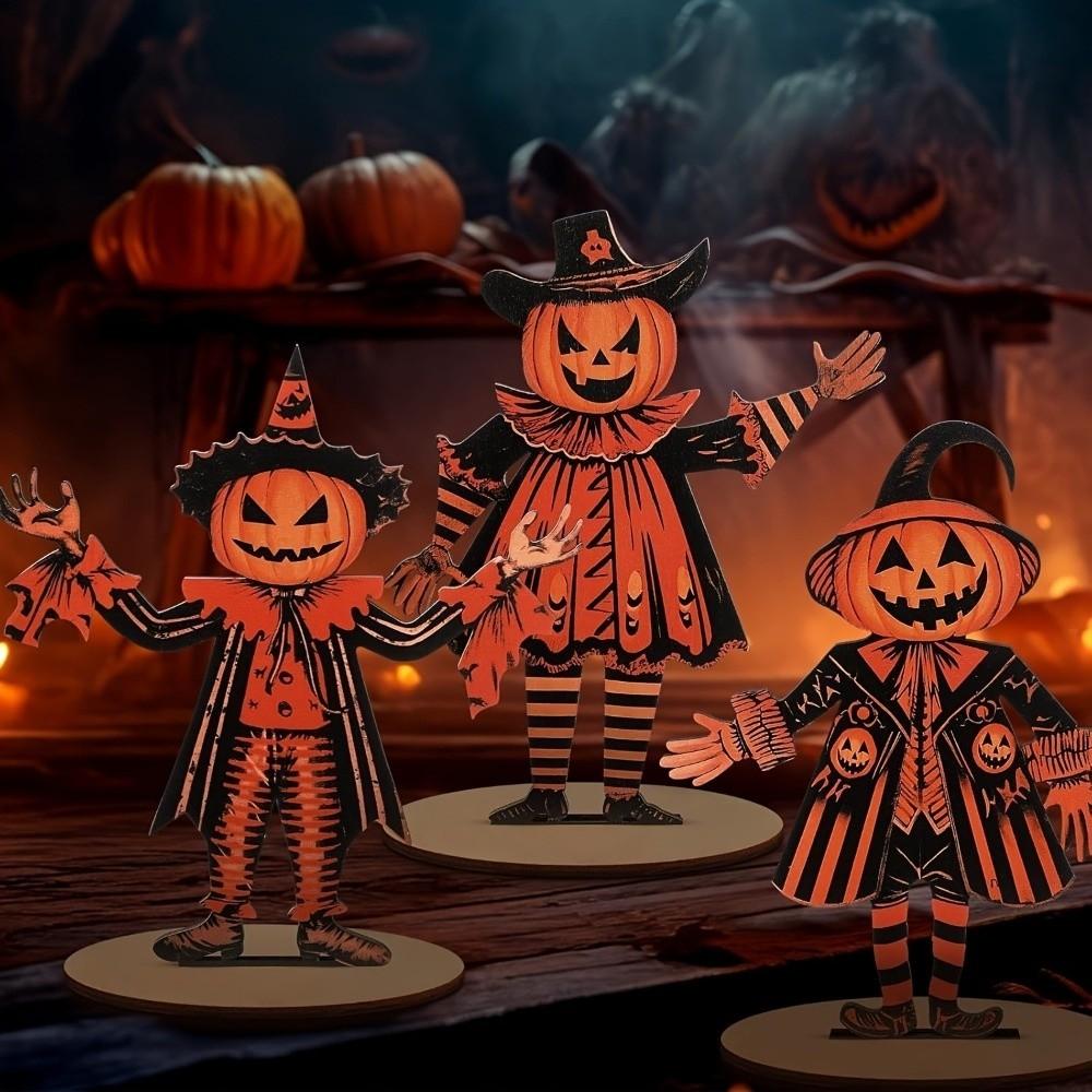 3Pcs Wooden Pumpkin Man Tabletop Decor 2D Flat Pumpkin Scarecrow Party Sign Farmhouse Setting
