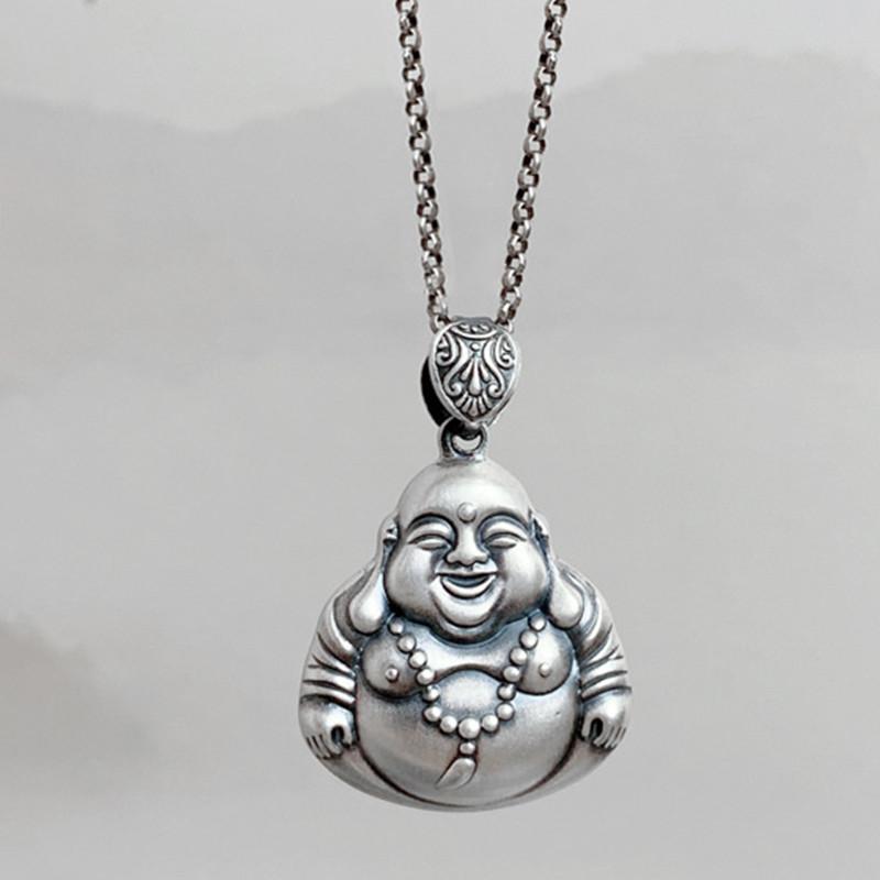 Personality Silver 925 Chain Necklace For Women Jewelry Retro Maitreya Buddha Pendnant Female Amulet Big Belly Buddha Necklace