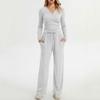 Women's Long Sleeve V Neck Pullover Top and Wide Leg Pants Lounge Set Casual Two Piece Outfit Soft Fabric Relaxed Fit