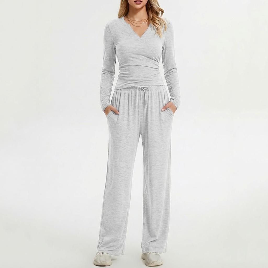 Women's Long Sleeve V Neck Pullover Top and Wide Leg Pants Lounge Set Casual Two Piece Outfit Soft Fabric Relaxed Fit