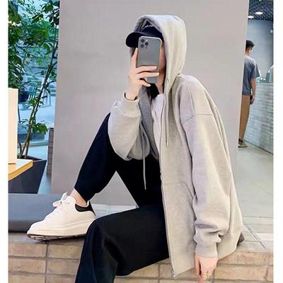Sweatshirt Jacket Loose Spring Autumn New Lazy Top Korean Hooded Zipper Gray Casual Cardigan