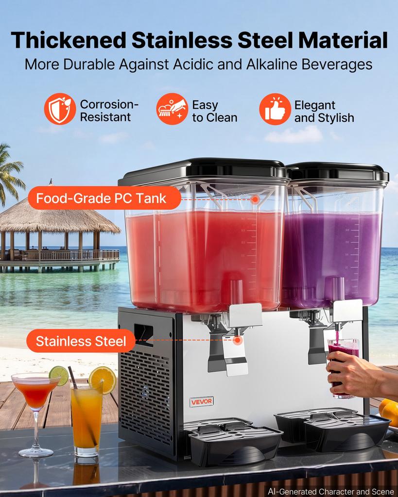 VEVOR Commercial Beverage Dispenser 2 Tanks 18 L / 19 QT Per Tank, Stainless Steel Juice Dispenser